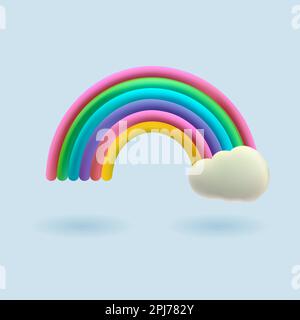 3d simpatico arcobaleno colorato con nuvola. Illustrazione divertente del bambino del vettore. Design di rendering fantasy Illustrazione Vettoriale