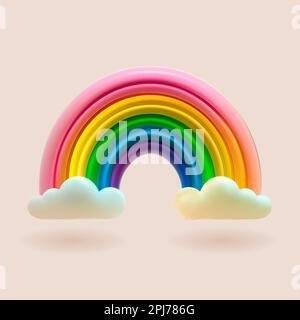 3d simpatico arcobaleno colorato con nuvola. Illustrazione divertente del bambino del vettore. Design di rendering fantasy Illustrazione Vettoriale
