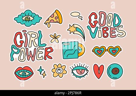 Set di adesivi funky per cartoni animati Groovy Doodle. Vettore funky hippy fiore cuore nuvola occhio e pizza icona con lettere Illustrazione Vettoriale