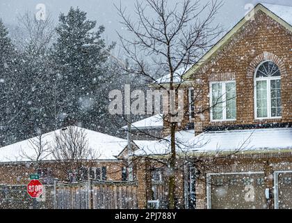 Inverno, nevica. Un'atmosfera meravigliosa nell'architettura canadese delle case a singola famiglia. Foto Stock