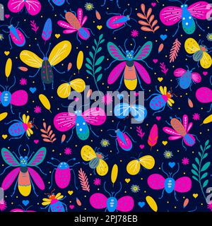 Colorful bug beetle moth e farfalla vettore senza cuciture pattern. Fiore floreale giardino bambini arte natura bambino Illustrazione Vettoriale