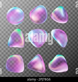 3d set di bolle rosa colorate. Rendering astratto realistico. Sapone lucido lucido sfera d'acqua lucida simbolo acqua Illustrazione Vettoriale