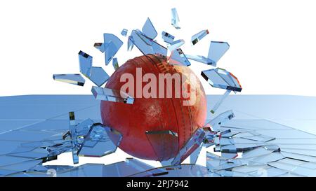 Cricket Ball Breaking Glass, vetri frantumati che volano in aria. Foto Stock