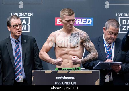 Londra, Regno Unito. 31st Mar, 2023. Campbell Hatton pesa in durante Joshua contro Franklin + Undercard Weigh-in a Westfield London, Londra, Regno Unito venerdì 31 marzo 2023 a LONDRA, INGHILTERRA. Credit: Taka G Wu/Alamy Live News Foto Stock