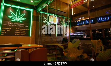 Bangkok, Thailandia. 30th Mar, 2023. Una vista dettagliata del bar di cannabis Sarica. Il famigerato quartiere dei divertimenti a luci rosse di Bangkok, Patpong, ha riaperto dalla pandemia del 19. E' riapparso come un mercato notturno di cibo di strada con solo alcuni bar go go rimanenti, 2 strade che offrono anche souvenir, abbigliamento e trinkets. Dal momento che la marijuana è stata legalizzata il 9 giugno, anche i negozi di marijuana hanno aperto nella zona. (Foto di Paul Lakatos/SOPA Images/Sipa USA) Credit: Sipa USA/Alamy Live News Foto Stock