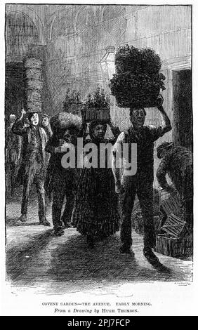 Incisione di persone che portano i loro frutti e vegi al mercato di Covent Garden a Londra , circa 1880 Foto Stock