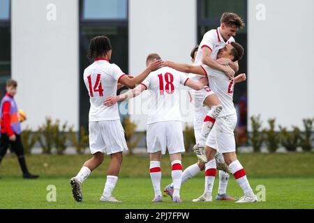 Cracovia, Polonia. 25th Mar, 2023. I giocatori polacchi celebrano un gol durante il Campionato europeo Under-19 2023-Elite round Match tra Polonia e Lettonia al Centro di formazione di Cracovia. Punteggio finale; Polonia 3:0 Lettonia. (Foto di Grzegorz Wajda/SOPA Images/Sipa USA) Credit: Sipa USA/Alamy Live News Foto Stock