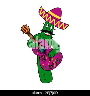 Carino cactus cantato musicista con chitarra e sombrero, doodle stile vettore illustrazione Illustrazione Vettoriale