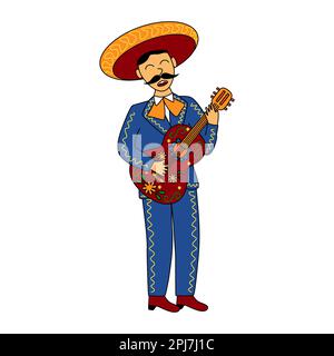 Musicista Mariachi con chitarra, illustrazione vettoriale stile doodle Illustrazione Vettoriale