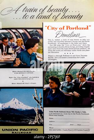 Astra-Dome avventura in viaggio ferroviario Città di Portland Domeliner - Union Pacific Railroad pubblicità in una rivista NatGeo, maggio 1957 Foto Stock