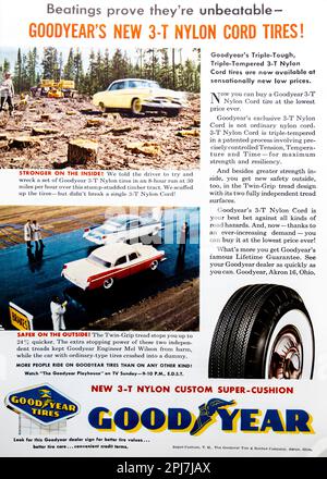 Goodyear 3-T Nylon cord pneumatici annuncio in una rivista NatGeo, maggio 1957 Foto Stock