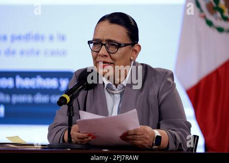 Città del Messico, Messico. 31st Mar, 2023. 31 marzo 2023, Città del Messico, Messico: Il Segretario per la sicurezza e la protezione dei cittadini del Messico, Rosa Islana Rodriguez conferma la detenzione di coloro che sono coinvolti nella morte di migranti presso la stazione di immigrazione a Juarez, Chihuahua, in una conferenza stampa al Palazzo Nazionale di Città del Messico. Il 31 marzo 2023 a Città del Messico (Foto di Luis Barron/Eyepix Group/Sipa USA). Credit: Sipa USA/Alamy Live News Foto Stock