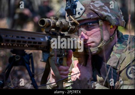 NEGLI STATI UNITI Esercito Soldato, con Bravo Company, 1st battaglione, 114th reggimento fanteria, assume una posizione di sicurezza con la squadra M110A1 Designated Marksman Rifle (SDMR) durante una missione sul campo presso la Fort Dix Ranges sulla base congiunta McGuire-Dix-Lakehurst, New Jersey, 25 marzo 2023. Il reggimento di fanteria del 114th ha avuto un fine settimana di perforazione di quattro giorni per prepararsi meglio a JRTC. (STATI UNITI Foto della Guardia Nazionale militare di SPC. Michael Schwenk) Foto Stock