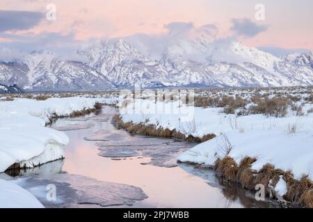 Le Montagne Teton avvolte nella nebbia che si innalza sopra un calmo torrente che scorre attraverso un paesaggio innevato. Grand Teton National Park, Wyoming Foto Stock