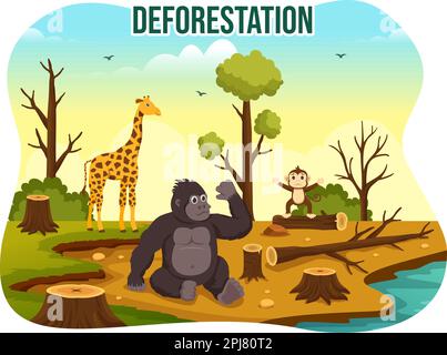 Deforestazione Illustrazione con albero nella foresta abbattuto e bruciando in inquinamento causando l'estinzione di animali in Cartoon modelli disegnati a mano Illustrazione Vettoriale