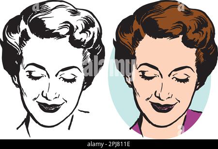 Un'illustrazione retrò vintage di una donna attraente che guarda giù. Illustrazione Vettoriale