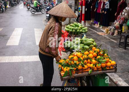 Hanoi, Vietnam - 04. Febbraio 2023: Una vecchia donna vietnamita che indossa un cappello tradizionale vende frutta fresca dalla sua bicicletta per le strade di Hanoi Vietn Foto Stock