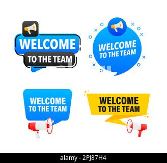 Etichetta megaphone con testo Benvenuti al team. Benvenuti nel banner di annuncio del team Illustrazione Vettoriale