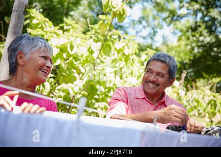 Facciamo tutto con amore, anche la nostra lavanderia. una coppia anziana felice che appende la loro lavanderia insieme sulla linea di vestiti. Foto Stock