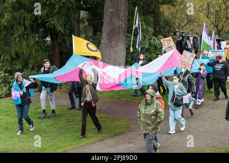Seattle, Stati Uniti. 31st Mar, 2023. Giornata Internazionale del Transgender di visibilità Celebrazione al Parco Volontario. Circa cinquecento attivisti hanno sfidato la pioggia e il vento con la comunità trans per sostenere e combattere per l'uguaglianza. La comunità si è celebrata e si è conclusa con una marcia lungo Broadway Ave fino al Cal Anderson Park sulla Capitol Hill. Credit: James Anderson/Alamy Live News Foto Stock