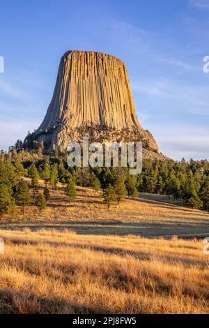 Devils Tower National Monument (Bear Lodge) al tramonto da Joyner Ridge Trailhead, Wyoming, Stati Uniti d'America Foto Stock