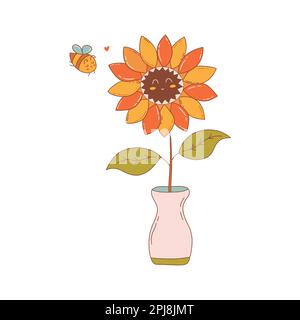 Felice girasole in vaso e piccola ape in amore. Piccolo bumblebee carino raccoglie polline. Vettore colorato isolato illustrazione doodle disegnato a mano. Estate Illustrazione Vettoriale
