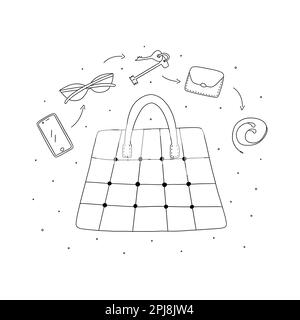 Borsa tote con patchwork da donna e oggetti da essa prodotti. Cuffie e telefono, portafoglio e chiavi, occhiali da sole. Illustrazione isolata in bianco e nero con vettore ha Illustrazione Vettoriale