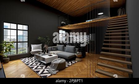Moderno loft interno soggiorno con parete grigio scuro e pavimento in legno, 3D rendering Foto Stock