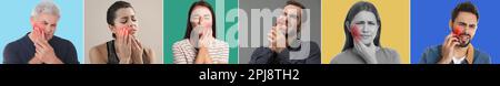 Collage con foto di persone che soffrono di mal di denti acuti. Design del banner Foto Stock