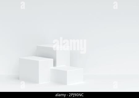 Tre podium quadrati bianchi e parete bianca sullo sfondo. Sfondo bianco minimale per la presentazione del prodotto, rendering 3D Foto Stock