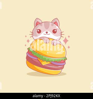 Carino gatto mangiare hamburger cartone animato Illustrazione Vettoriale