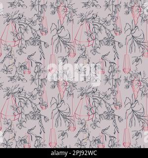 Inchiostro vettoriale a mano fiori e rami orchidee, monocromatico, contorno dettagliato. Motivo senza cuciture con forme cristalline. Colore magenta viva. Per opere d'arte a parete Illustrazione Vettoriale