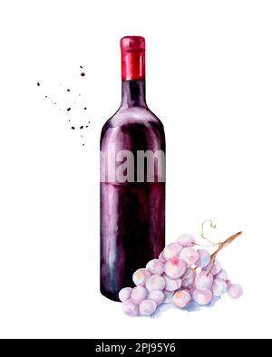 Bottiglia di vino rosato con grappolo d'uva. Pittura ad acquerello disegnata a mano isolata su sfondo bianco Foto Stock