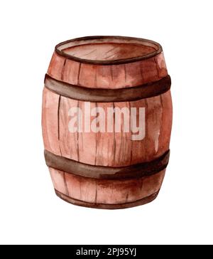 Botte di legno per vino e cognac. Pittura ad acquerello disegnata a mano isolata su sfondo bianco Foto Stock