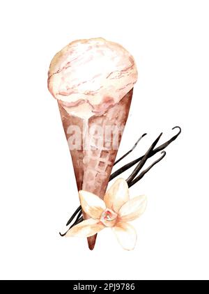 Gelato alla vaniglia in un cono di waffle. Acquerello illustrazione disegnata a mano del dessert estivo Foto Stock