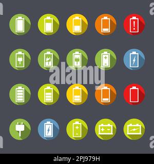 Set di icone batteria e accumulatore, design piatto, illustrazione Vector eps10 Illustrazione Vettoriale