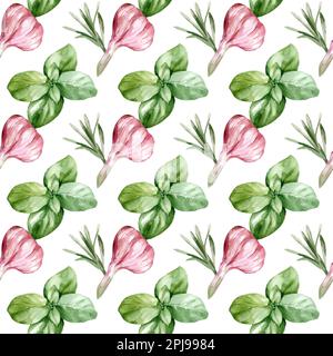 Motivo senza cuciture con erbe e spezie colorate. Acquerello di basilico, aglio e rosmarino Foto Stock