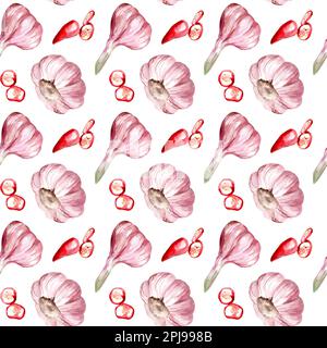 Motivo senza cuciture con erbe e spezie colorate. Acquerello di peperoncino e aglio Foto Stock