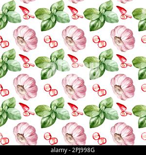 Motivo senza cuciture con erbe e spezie colorate. Acquerello di peperoncino, basilico e aglio Foto Stock