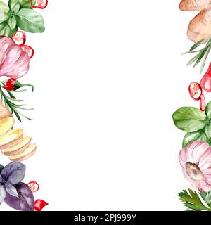 Erbe acquerello e spezie. Cornice con cibo: Basilico, rosmarino, prezzemolo, peperoncino, aglio, zenzero. Banner per la cucina con erbe e spezie. Foto Stock