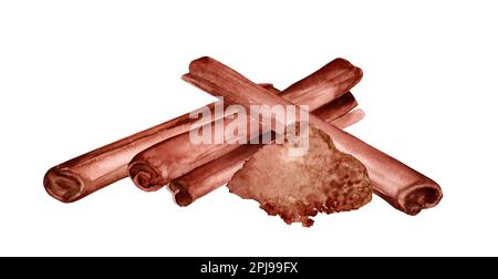 Bastoncini di cannella pittura a mano acquerello illustrazione closeup isolato su sfondo bianco Foto Stock