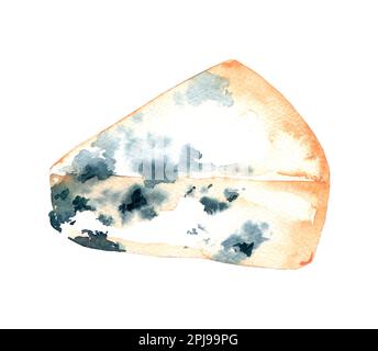 Formaggio blu, Gorgonzola, fetta, primo piano isolato, acquerello su bianco Foto Stock
