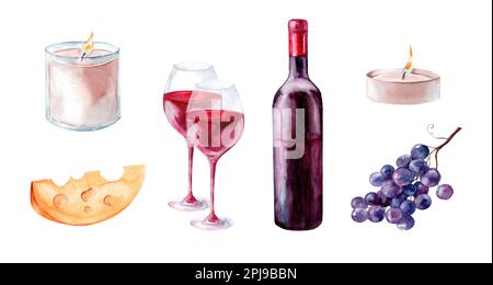 Cena romantica. Candele, vino rosso, formaggio. Set di illustrazioni acquerello Foto Stock