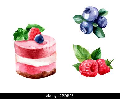 Acquerello disegno di una torta con frutti di bosco e crema. Lamponi e mirtilli Foto Stock