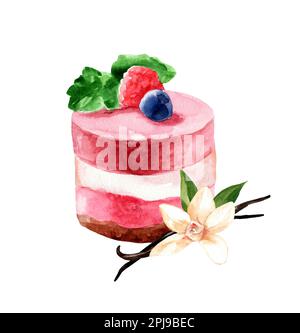 Acquerello di torta con bacche, crema e baccello di vaniglia. Lampone e mirtillo Foto Stock