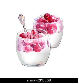 Acquerello illustrazione di mousse cremosa con lamponi in bicchieri di vetro. Dolci per una dieta sana. Foto Stock