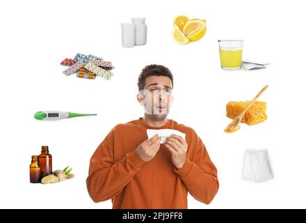 Malato circondato da diversi farmaci e prodotti per il trattamento delle malattie su sfondo bianco Foto Stock