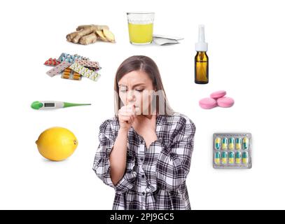 Donna malata circondata da diversi farmaci e prodotti per il trattamento delle malattie su sfondo bianco Foto Stock