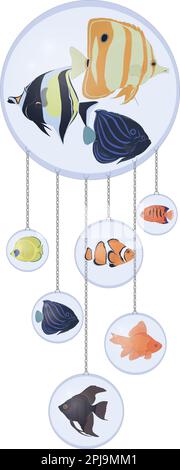 Palloncini di vetro con illustrazione vettoriale di composizione di pesci tropicali luminosi Illustrazione Vettoriale