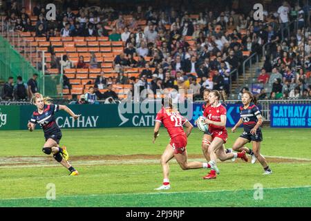 Hong Kong, Hong Kong. 31st Mar, 2023. Giocatori in azione durante il Cathay/HSBC Hong Kong Sevens tra Hong Kong e il Canada all'Hong Kong Stadium. Punteggio finale; Canada 22:5 Hong Kong. (Foto di Alex Chan/SOPA Images/Sipa USA) Credit: Sipa USA/Alamy Live News Foto Stock